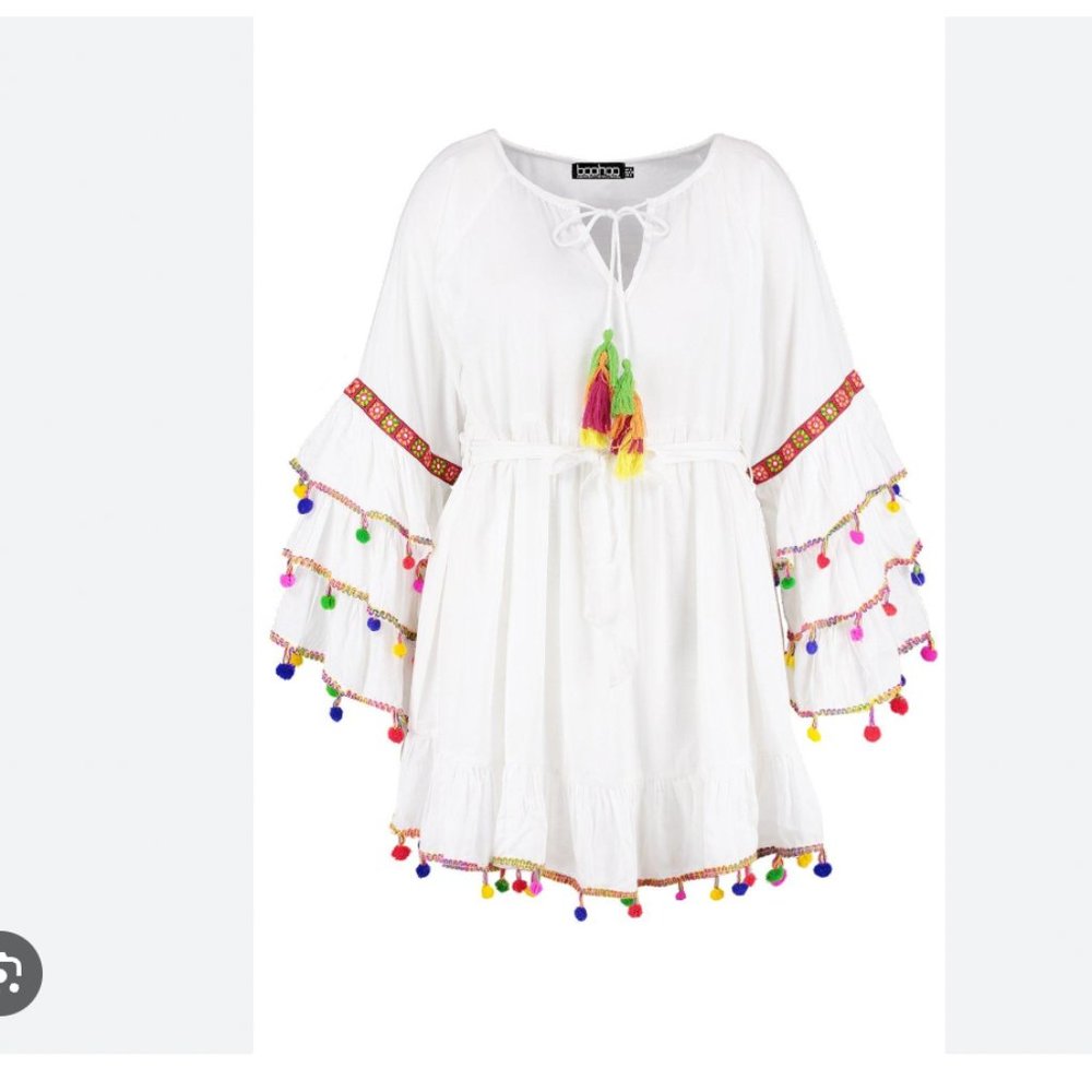 Boohoo Plus Tassel Trim Flare  Sleeve Beach Dress